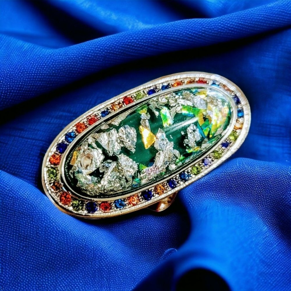 Lab Created Opal Ring Multicolor Austrian Crystals 5.00 ctw Stnlss Stl Gft Srg35